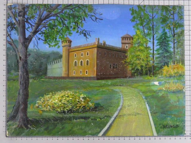 Viejo Cuadro Doble Delantero Trasero Vista Borgo Medieval Torino E Abstracto Bsn
