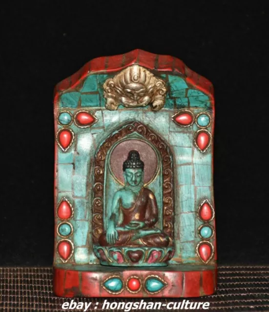 Tibet argent turquoise corail Mahakala Shakyamuni Bouddha canshire statue