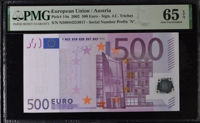 GEM UNC 500 Euro Austria European 2002 Trichet P14n F005 PMG 65 EPQ N58044253017