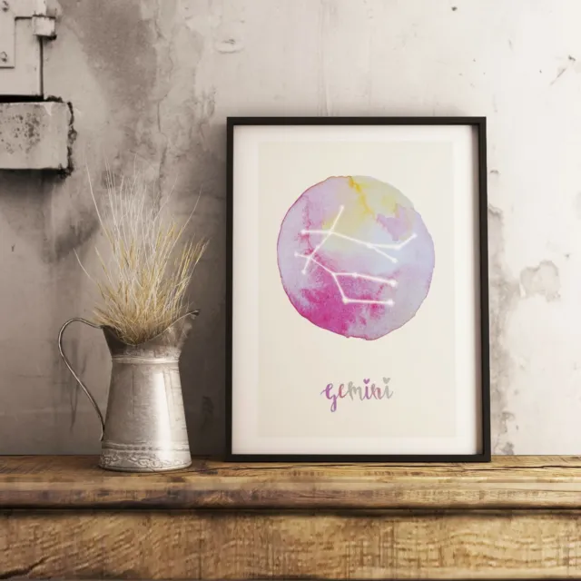 GEMINI Star Sign Zodiac Astrology Horoscope Watercolor Colourful Print Poster A4