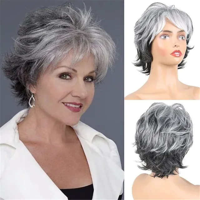 Ladies Women Full Wigs Hair Gradient Gray White Wig Cosplay Old Man Accessories
