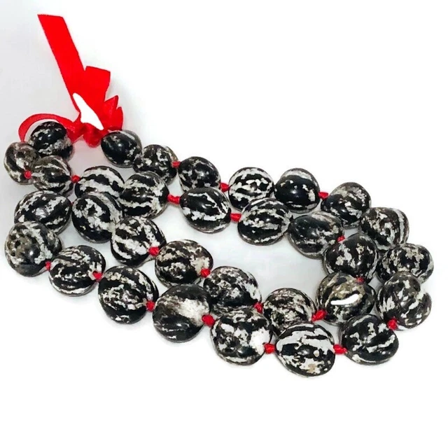 Hawaii Kukui Nut Lei Necklace 36” Wedding Graduation Luau Black White Red Ribbon