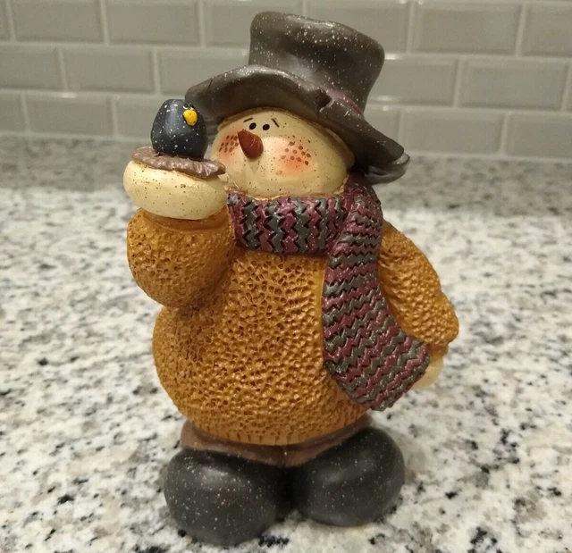 Vintage Snowman Figurine Folk Art Winter Black Bird Christmas Decoration