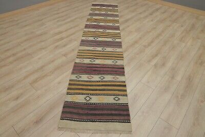Cappadocia Ethnic Kilim Runner Rug Tribal Hand Knotted Striped Carpet 2x11ft
