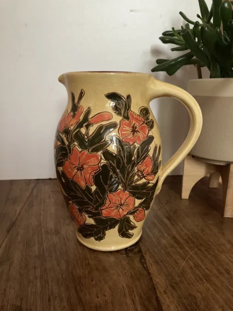 Hand Painted Terracotta Jug Studio Pottery Pitcher Earthenware Floral Pattern