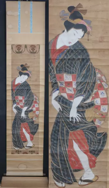 Antique Japan scroll painting Bijin-Ga 1700 Edo era art