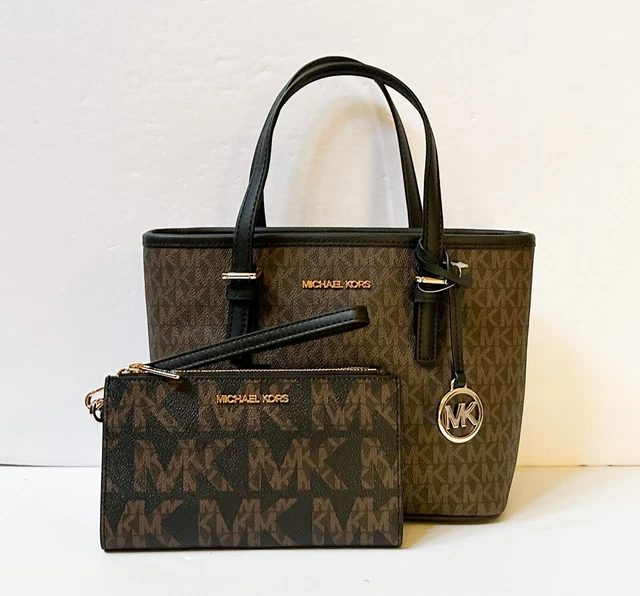 Michael Kors Jet Set T Xs Tote Shoulder Bag + Double Zip Wallet Mk Brown Black