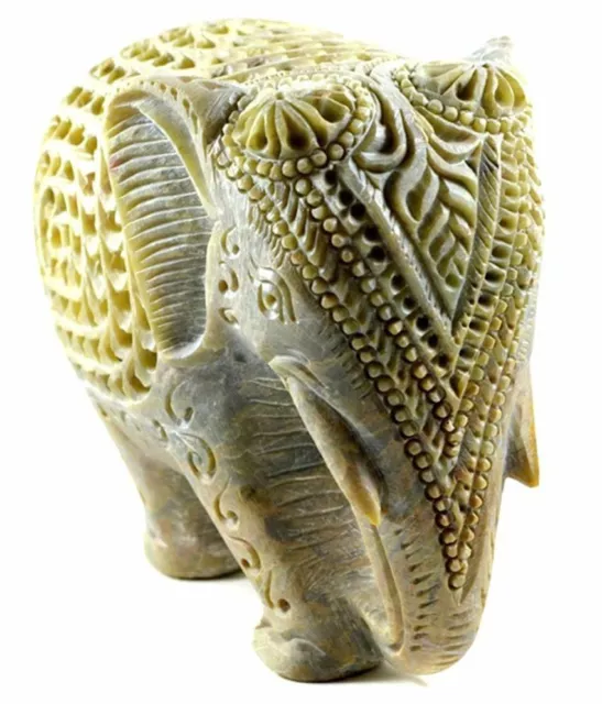 Marble Hand Carved Elephant Statue Soapstone Filligree Work Showpiece Decor M065