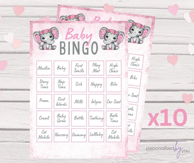 10 X BABY Shower Bingo Cards Party Games Baby Bingo Pink Girl Elephant