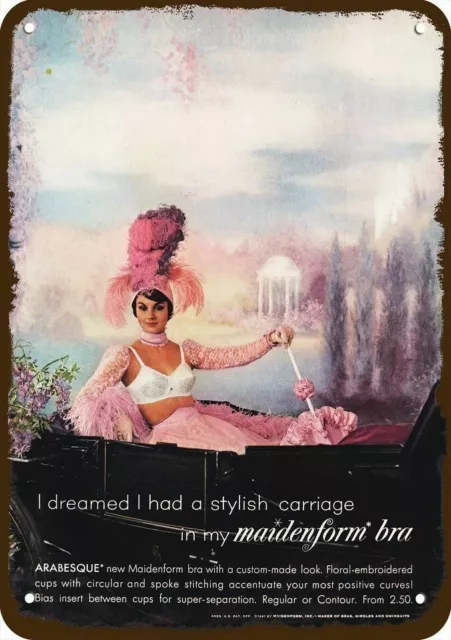 1961 MAIDENFORM ARABESQUE BRA Vintage-Look Metal Sign - SEXY WOMAN IN CARRIAGE