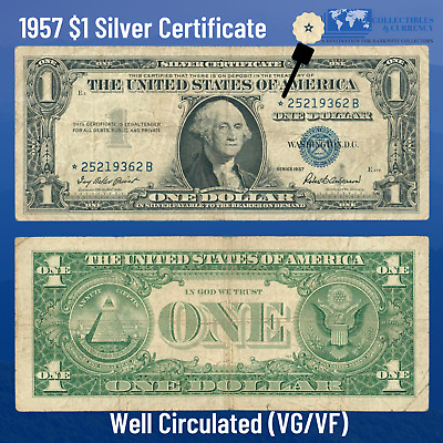✔ One 1957 Blue Seal $1 Dollar Silver Certificate Star Note, VG/VF, Old US Money 2