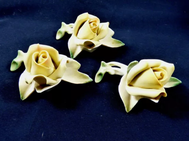 VTG 3 pc set Dresden Germany Porcelain Yellow Rose Buds Floral figurines