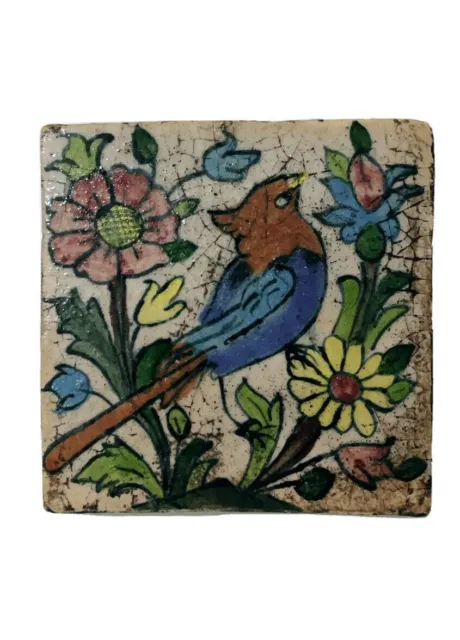 Vintage Hand Painted and Glazed Love Bird Persian Decorative Mini Ceramic Tile