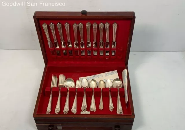 Large Lot Of Mixed Silver Plate Flatware & Wood Box Rogers 1847 Holmes & Edwards