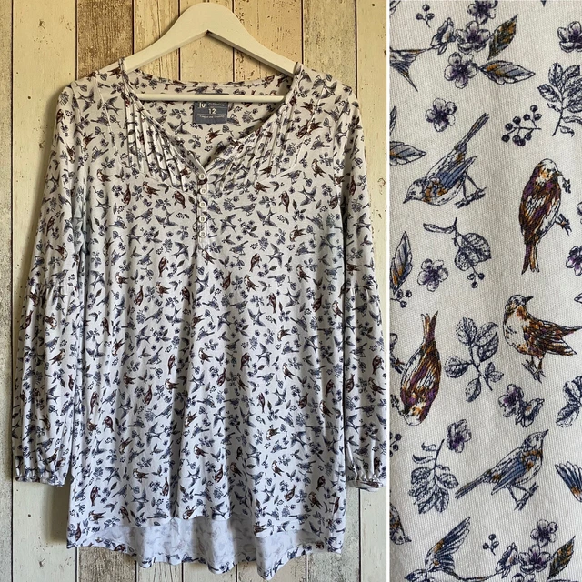 TU Tunic Top 12 White Cream Multi Bird Print Long Sleeved Casual Longline Blouse