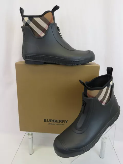 Burberry Flinton Black Rubber Beige Check Sock Logo Ankle Rain Boots Us 11 / 44