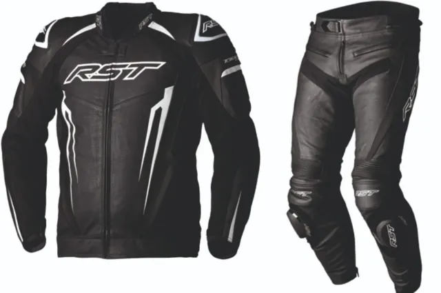 RST Tractech Evo 5 Motorcycle Sports CE Leather Jacket/Trousers 2PC Black/White