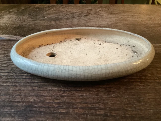 Bonsai Pot- oval , 9 inch length- light grey crackle glaze Bonsai Pot- oval , 9 inch length- light grey crackle glaze