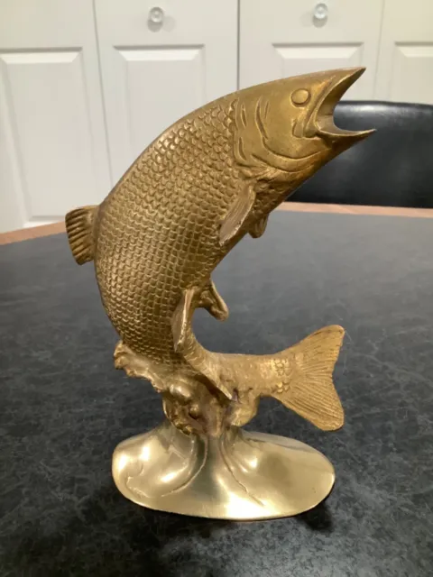 Vintage Large Brass Jumping Fish 8” Figurine Statue