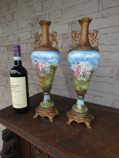 Antique pair porcelain Brass romantic cherub decor vases caryatid handles