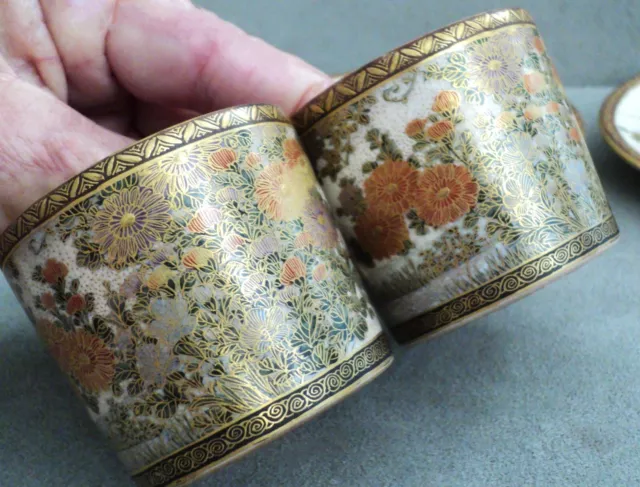 2 Antique Japanese SATSUMA Gold DEMITASSE CUPS & SAUCERS Meiji Butterflies Birds