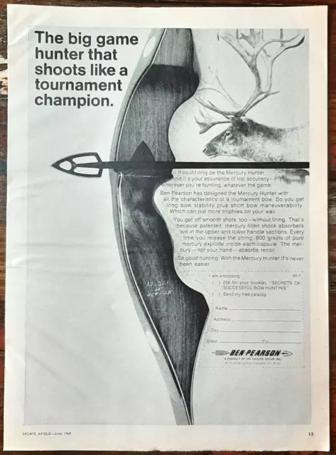 1969 Ben Pearson Vintage Print Ad Bow Arrow Broadhead Big Game Hunter Tournament