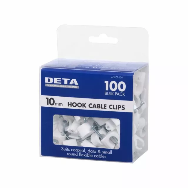 DETA 10mm White Hook Cable Clips - 100X5=500pk