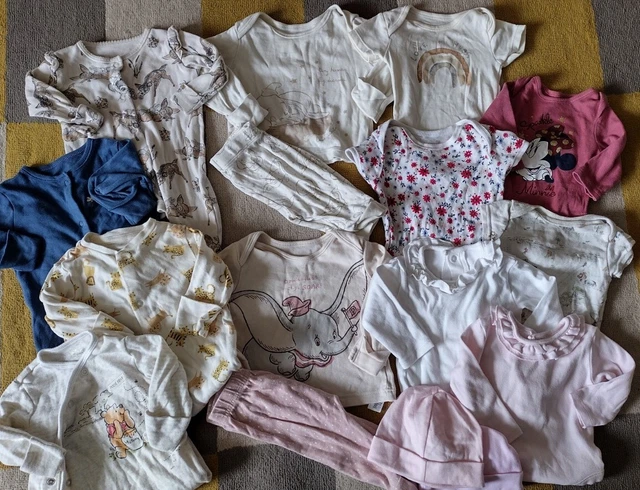 Baby girls bundle 4 Sleepsuits,2 pyjamas,6 vests &2 hats 0-3months excellent con