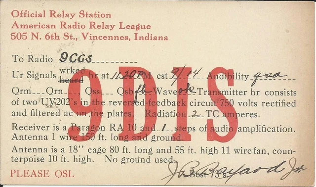 Vintage Ham Radio Qsl Cards 1923  9Dis  Vincennes, In.