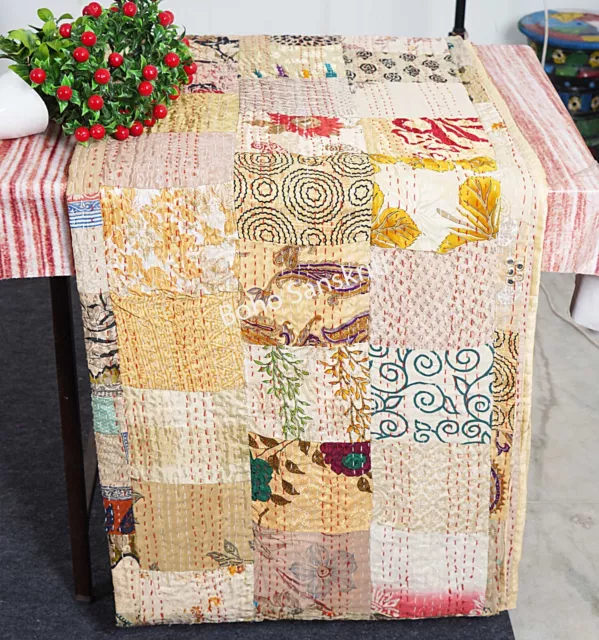 Edredón Kantha Patchwork de seda india hecho a mano acolchado para ropa de cama Edredón Boho