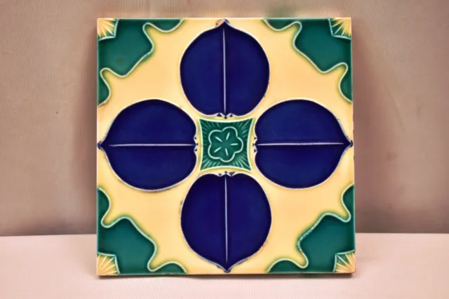 Vintage Japan Tile Majolica Art Nouveau Danto Kaisha Porcelain Blue Leaf Four"79 2
