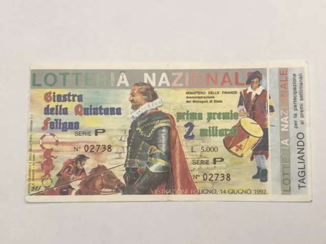 Biglietto Lotteria 1992 Foligno Giostra della Quintana, Con Tagliando, Originale