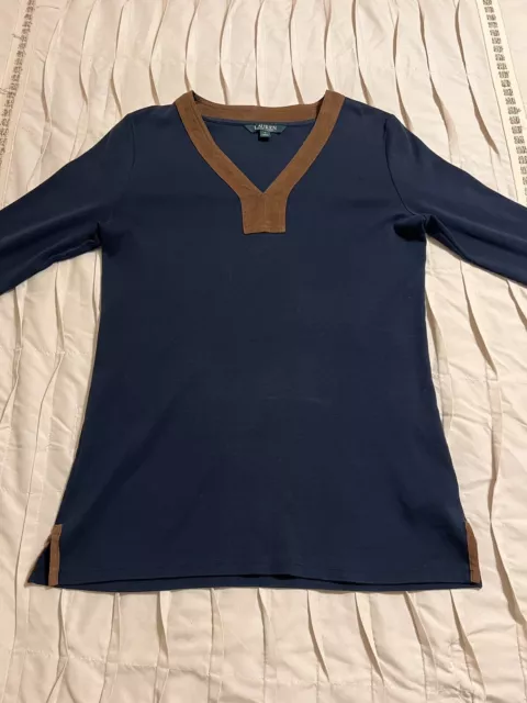 Lauren Ralph Lauren Shirt Women's Size Medium Navy Blue Faux Leather Trim V Neck