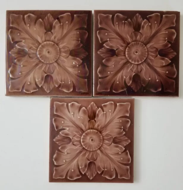 3 Vintage Encaustic Tile Arts and Crafts Ceramic Pottery 6" Flower Iridescent