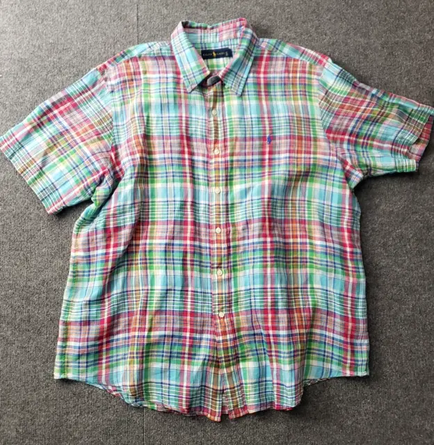 ralph lauren button down shirt mens XXL multi color 100% linen plaid