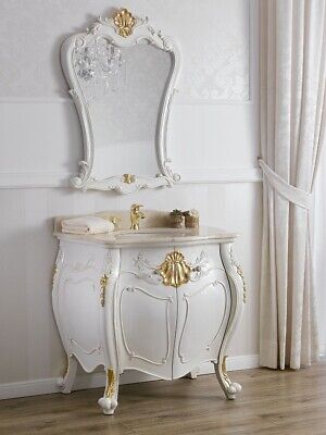 Meuble salle de bain avec miroir Anderson style Baroque Décapé bombé ivoire e...