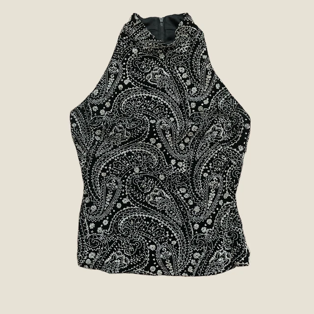 1990s Vintage Caché Black Silver Glitter Paisley Halter Tank Top Size Medium