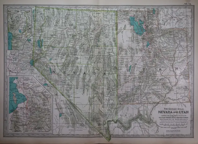1897 Century Atlas Map ~ NEVADA - UTAH ~ (12x18) ~ Free S&H #285