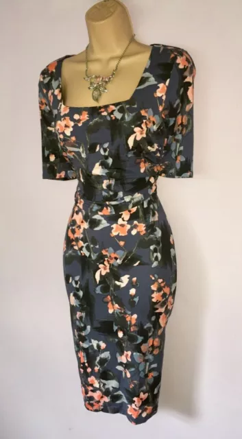 Phase Eight Blue Floral Stretch Wiggle Dress Ladies UK 14 EU 42 US 10 Party