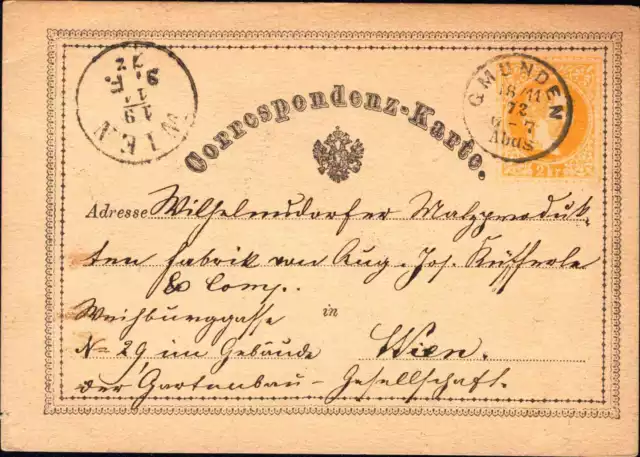 Österreich 1872 - "Gmunden" sehr klar auf 2 Kr. GA gelb.    (#8774)