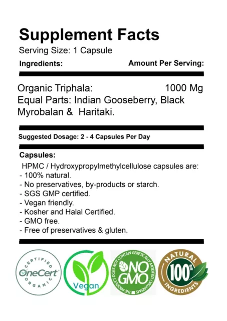 Triphala Organic 100 Capsules Highest Potency & Purity, Immune Support +++ 3