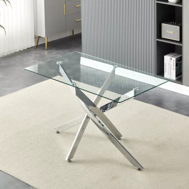 Glass Dining Table Home Kitchen Furniture Chrome Cross Legs Dining Room