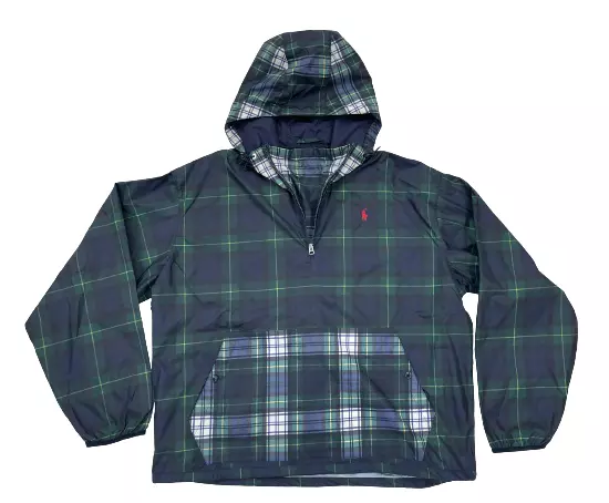 Polo Ralph Lauren Blue Green Plaid Hooded Pullover Nylon Windbreaker Jacket (S)