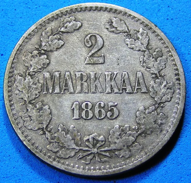 Finland 2 Markkaa .868 Silver Coin, 1865-S Alexander II, KM-7.1