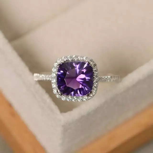 925 Sterling Silver Natural Certified 5 Ct Amethyst Cushion Shape Ring For Her