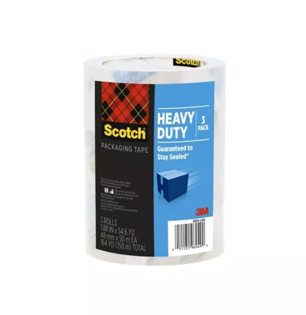 Scotch Heavy Duty Packaging Tape, 1.88" x 54.6 yd, Designed for Packing, 3 Rolls