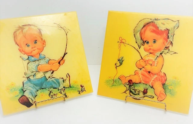 mcm 1962 Pete Hawley Vintage Little Boy Girl Fishing Wall Plaque 8 1/2" X 8 1/2"