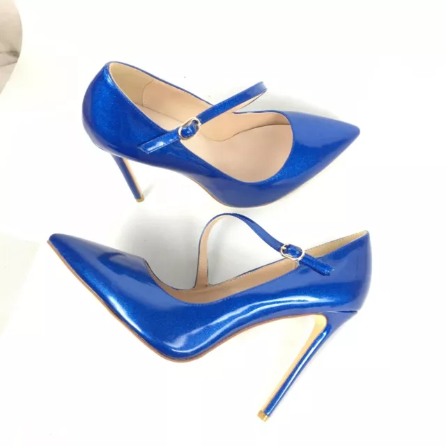 Women's Cross Strap Shiny Blue Stilettos Shoes Pointed Toe High Heels Pumps