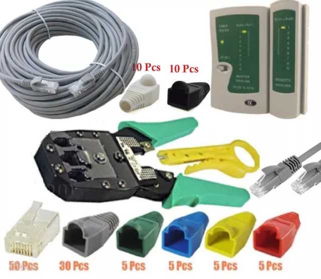 50M Cat5e Ethernet Netzwerk RJ45 Kabeltester Crimpwerkzeug Kit Stiefel Stecker