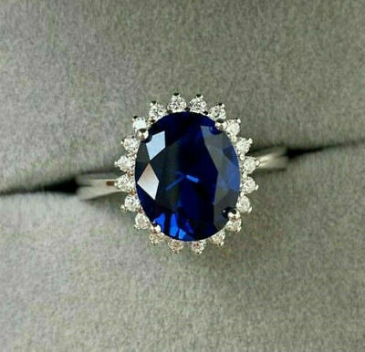 14K White Gold Over 2.90Ct Oval Blue Sapphire & Diamond Halo  Lab Created Ring